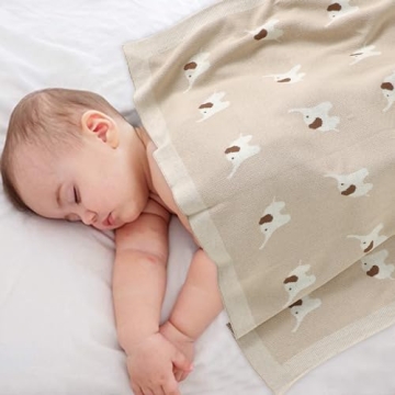 Hadetoto 100% Cotton Baby Blanket Knit Soft Cozy Swaddle Receiving Blankets Toddler Infant Blanket with Lovely Elephant for Newborn Boy Girls - Camel, 90 x 70cm