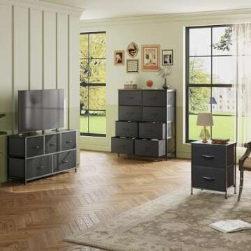 WLIVE 2-Drawer Nightstand, 5-Drawer and 8-Drawer Dresser Set, Fabric Storage Tower for Bedroom, Hallway, Closets, Tall Chest Organizer Unit with Textured Print Fabric Bins, Steel Frame, Charcoal Black