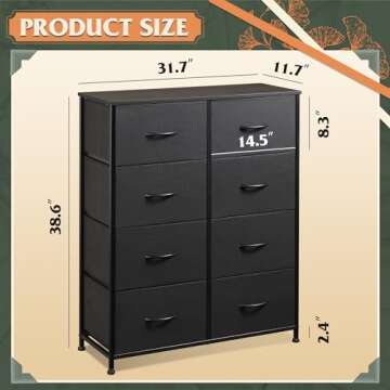 WLIVE 2-Drawer Nightstand, 5-Drawer and 8-Drawer Dresser Set, Fabric Storage Tower for Bedroom, Hallway, Closets, Tall Chest Organizer Unit with Textured Print Fabric Bins, Steel Frame, Charcoal Black