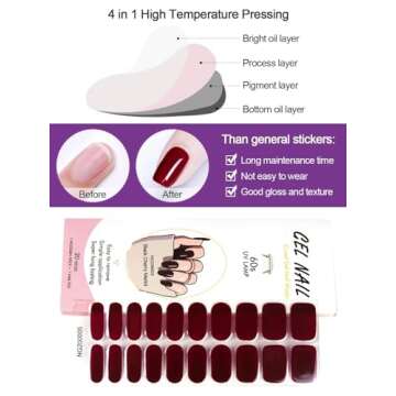 Kalolary 20PCS Semi Cured Gel Nail Polish Strips, Wine Red Adhesive Full Wrap Gel Nail Art Sticker, Waterproof Gel Nail Wrap Stickers with Nail File and Stick（UV/LED Lamp Required）