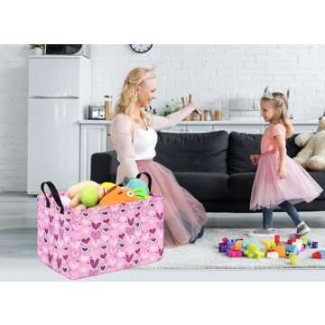 ACMUUNI Pink Basket Valentine Gift Basket Love Storage Basket Clothes Laundry Basket Storage Box Shelf Basket Toys Storage Bins, Gift Basket for Kids,Laundry Hamper with Handles