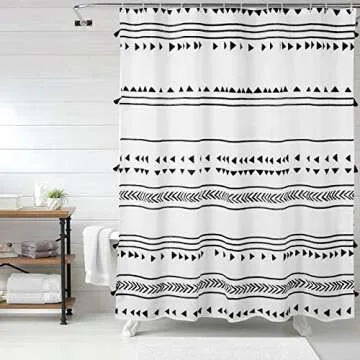 Uphome 72x72 Boho Shower Curtain Black and White Fabric Bathroom Curtains Set with Hooks, Chic Triangle and Geometric Tassel Bath Curtain, Heavy Duty and Waterproof for Modern Hotel Decor