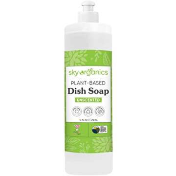 Sky Organics Plant-Based Unscented Dish Soap, USDA Bio-Based, Non-Toxic Biodegradable Formula for Ho...