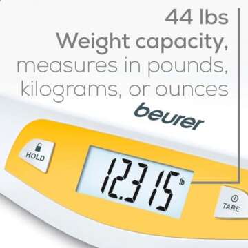 Beurer BY80 Digital Baby Scale, Infant Scale for Weighing in Pounds, Ounces, or Kilograms up to 44 lbs with Hold Function, Pet Scale for Cats and Dogs