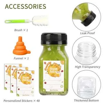 TOMNK 48pcs Juice Bottles, 4oz Plastic Bottles with Caps, 4oz Plastic Containers with Lids Empty Reusable Clear Bottles with Label, Funnel and Brush Beverage for Juicing, Smoothies, Drinking, Fridge
