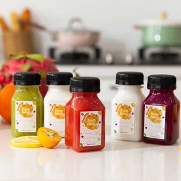 TOMNK 48pcs Juice Bottles, 4oz Plastic Bottles with Caps, 4oz Plastic Containers with Lids Empty Reusable Clear Bottles with Label, Funnel and Brush Beverage for Juicing, Smoothies, Drinking, Fridge