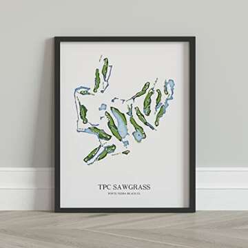 GOLF COURSE MAP - FRAMED - Wall Art, Golf Artwork, Home Decor, Black Wood Frame, Golf Course Map (12" x 16", TPC Sawgrass)
