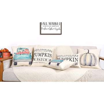 4TH Emotion Fall Decor Pillow Covers 18x18 Set of 4 White Pumpkin Farmhouse Decorations Throw Cushion Case for Fall Thanksgiving Home Decorative Pillows