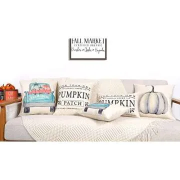 4TH Emotion Fall Decor Pillow Covers 18x18 Set of 4 White Pumpkin Farmhouse Decorations Throw Cushion Case for Fall Thanksgiving Home Decorative Pillows