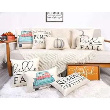 4TH Emotion Fall Decor Pillow Covers 18x18 Set of 4 White Pumpkin Farmhouse Decorations Throw Cushion Case for Fall Thanksgiving Home Decorative Pillows