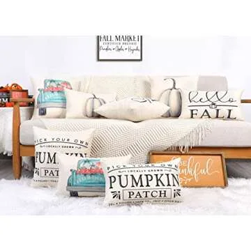 4TH Emotion Fall Decor Pillow Covers 18x18 Set of 4 White Pumpkin Farmhouse Decorations Throw Cushion Case for Fall Thanksgiving Home Decorative Pillows