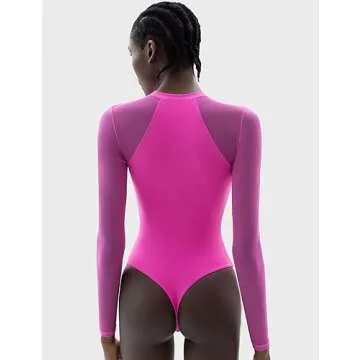 PUMIEY Long Sleeve Bodysuit for Women Mesh Body suits Sheer Pink Tops, Blush, X-Large