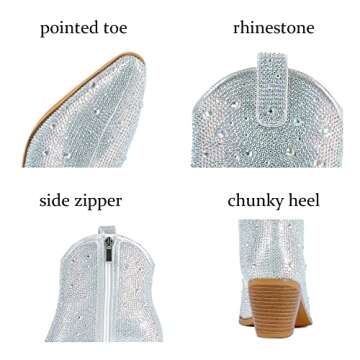 FIFSY Women Rhinestone Cowboy Boots Glitter Chunky Heel Sparkly Cowgirl Ankle Boots for women cowboy...