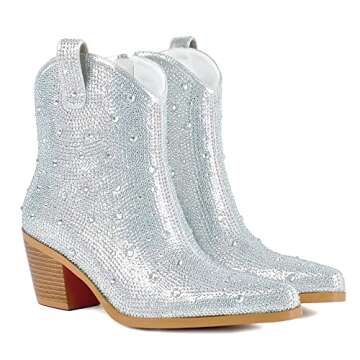 FIFSY Women Rhinestone Cowboy Boots Glitter Chunky Heel Sparkly Cowgirl Ankle Boots for women cowboy style US8.5 EU38.5