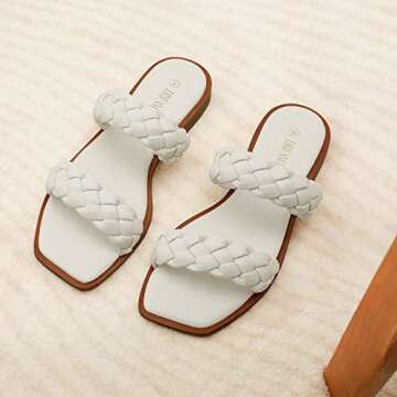 DREAM PAIRS Women's SDSS2319W Braided Sandals Slip on Slides Two Straps Square Toe Dressy for Summer White Size 9