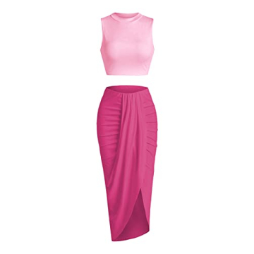 ZAFUL Women's Summer 2 Piece Dress Outfits Swimwear Cover Ups Crop Tank Tops and Midi Skirt (B-Pink ...