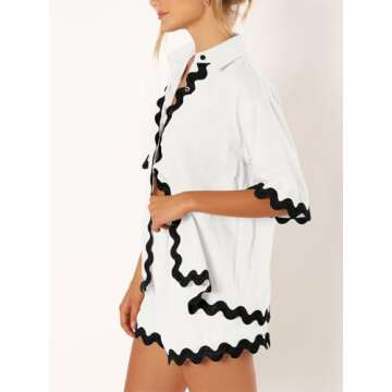 VNIRA Women’s Casual 2 Piece Outfit Summer Button Down Shirt and Shorts Pajama Set Lounge Matching Beach Sets White