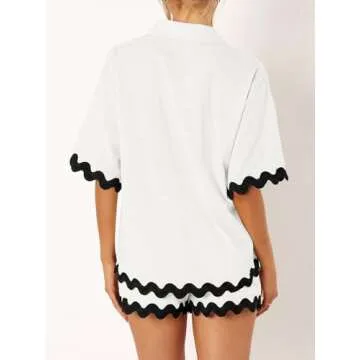 VNIRA Women’s Casual 2 Piece Outfit Summer Button Down Shirt and Shorts Pajama Set Lounge Matching Beach Sets White