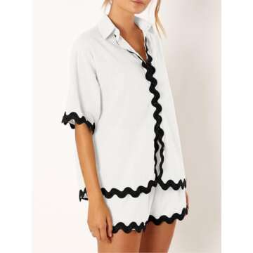 VNIRA Women’s Casual 2 Piece Outfit Summer Button Down Shirt and Shorts Pajama Set Lounge Matching Beach Sets White