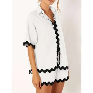 VNIRA Women’s Casual 2 Piece Outfit Summer Button Down Shirt and Shorts Pajama Set Lounge Matching Beach Sets White
