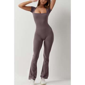 QINSEN Womens Suqare Neck Short Sleeve Full Length Flare Jumpsuits Dark Grey M