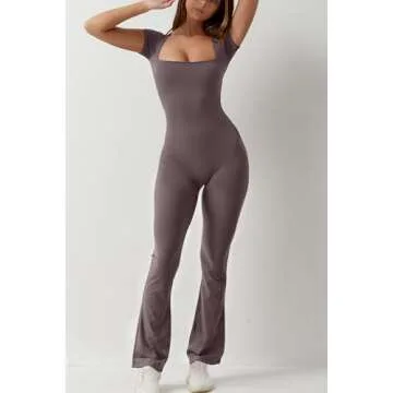 QINSEN Womens Suqare Neck Short Sleeve Full Length Flare Jumpsuits Dark Grey M