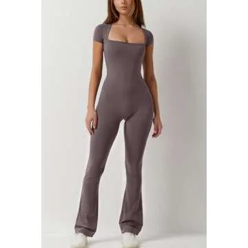 QINSEN Womens Suqare Neck Short Sleeve Full Length Flare Jumpsuits Dark Grey M