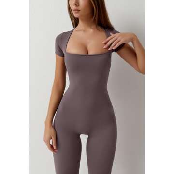 QINSEN Womens Suqare Neck Short Sleeve Full Length Flare Jumpsuits Dark Grey M