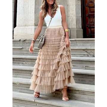 Flygo Women's Long Maxi Tulle Skirts A Line Ruffle High Waisted Tiered Layered Mesh Tutu Skirt Petticoat(Champagne-XL)