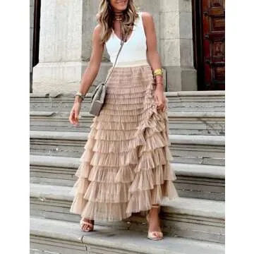 Flygo Women's Long Maxi Tulle Skirts A Line Ruffle High Waisted Tiered Layered Mesh Tutu Skirt Petticoat(Champagne-XL)