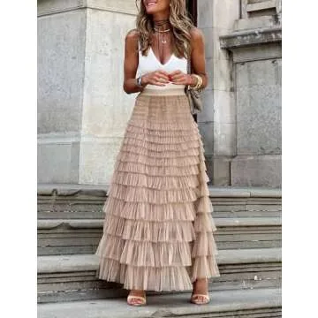 Flygo Women's Long Maxi Tulle Skirts A Line Ruffle High Waisted Tiered Layered Mesh Tutu Skirt Petticoat(Champagne-XL)