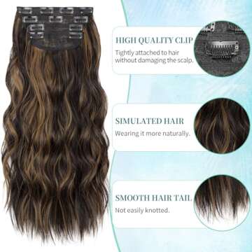 KooKaStyle 20 Inch Clip in Long Wavy Synthetic Hair Extensions - Balayage Dark Brown to Chestnut - T...