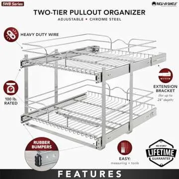 Rev-A-Shelf 2 Tier Kitchen Cabinet Pullout Shelf and Drawer Organizer Slide Out Pantry Storage Basket in Multiple Sizes, 21 x 22 In, 5WB2-2122CR-1