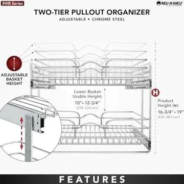 Rev-A-Shelf 2 Tier Kitchen Cabinet Pullout Shelf and Drawer Organizer Slide Out Pantry Storage Basket in Multiple Sizes, 21 x 22 In, 5WB2-2122CR-1
