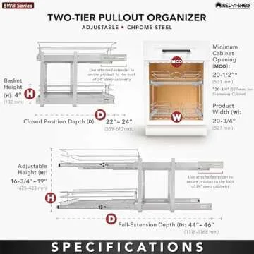 Rev-A-Shelf 2 Tier Kitchen Cabinet Pullout Shelf and Drawer Organizer Slide Out Pantry Storage Basket in Multiple Sizes, 21 x 22 In, 5WB2-2122CR-1