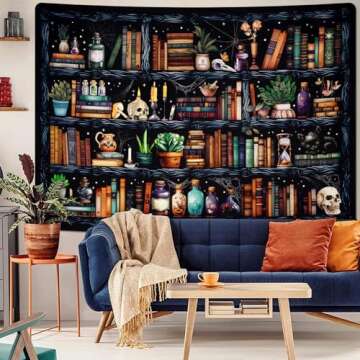 Uspring Magical Bookshelf Tapestry - Gothic Cat & Skull Design