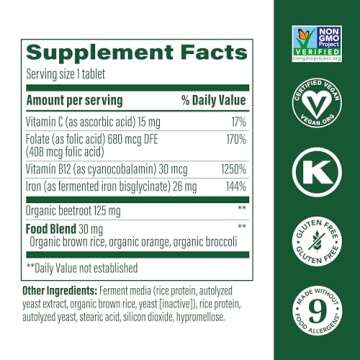 MegaFood Blood Builder - Iron Supplement Clinically Shown to Increase Iron Levels without Side Effects - Iron Supplement for Women with Vitamin C, Vitamin B12 and Folic Acid - Vegan - 180 Tabs
