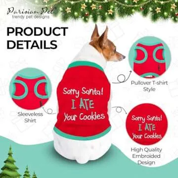 Parisian Pet Dog Tshirt - Embroidered “ Sorry Santa I Ate Your Cookies “ Dog Shirt - Lightweight Cotton Dog Christmas Outfit - Sleeveless Christmas Dog Clothes - Dog Shirts for Medium Dogs - M