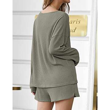 Ekouaer Pajama Set for Women Waffle Knit Lounge Sets Long Sleeve Top and Shorts Matching Loungewear,Olive Green,M