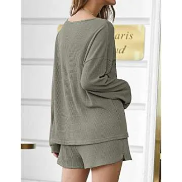 Ekouaer Pajama Set for Women Waffle Knit Lounge Sets Long Sleeve Top and Shorts Matching Loungewear,Olive Green,M