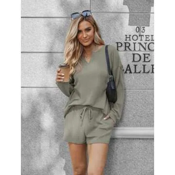 Ekouaer Pajama Set for Women Waffle Knit Lounge Sets Long Sleeve Top and Shorts Matching Loungewear,Olive Green,M