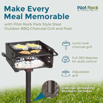 Pilot Rock Park Style Heavy Duty Steel Outdoor BBQ Charcoal Grill with Cooking Grate and 360 Degree Swivel Post for Camping or Backyard, Black