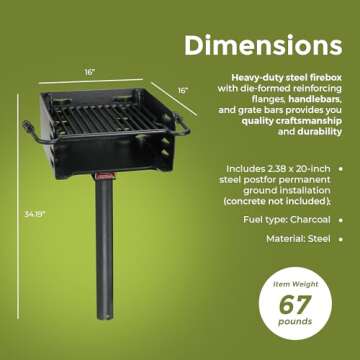 Pilot Rock Park Style Heavy Duty Steel Outdoor BBQ Charcoal Grill with Cooking Grate and 360 Degree Swivel Post for Camping or Backyard, Black