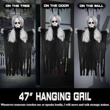 YOKUJITU Halloween Animatronics Hanging Demon Girl Decoration Outdoor with Sound Activated,Talking Scary Girl with White Light-up Eyes and Body Swing,Horror Prop for Indoor Lawn Decor (47 Inch)