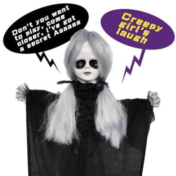 YOKUJITU Halloween Animatronics Hanging Demon Girl Decoration Outdoor with Sound Activated,Talking Scary Girl with White Light-up Eyes and Body Swing,Horror Prop for Indoor Lawn Decor (47 Inch)