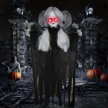 YOKUJITU Halloween Animatronics Hanging Demon Girl Decoration Outdoor with Sound Activated,Talking Scary Girl with White Light-up Eyes and Body Swing,Horror Prop for Indoor Lawn Decor (47 Inch)