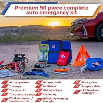 FIRST SECURE 90 Piece Car Emergency Roadside Kit Tool Set w/Safety Kit for Women & Men - Essential S...