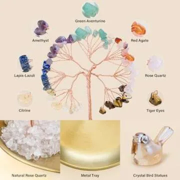 ZenBless 7 Chakra Crystal Tree Crystals Bird Statues Set, Money Tree Chakra Decor Tray and Gold Small Birds Figurines Yoga Meditation Zen Spiritual Room Home Shelf Decor Feng Shui Wealth and Luck