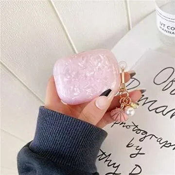 PHOEACC Cute Case for Airpod Pro with Glitter Shell Pearl Keychain Marble Hard TPU Protective Cover Compatible with AirPods Pro 2019 Case for Girls Women (Pink)