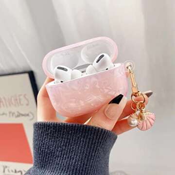 PHOEACC Cute Case for Airpod Pro with Glitter Shell Pearl Keychain Marble Hard TPU Protective Cover Compatible with AirPods Pro 2019 Case for Girls Women (Pink)